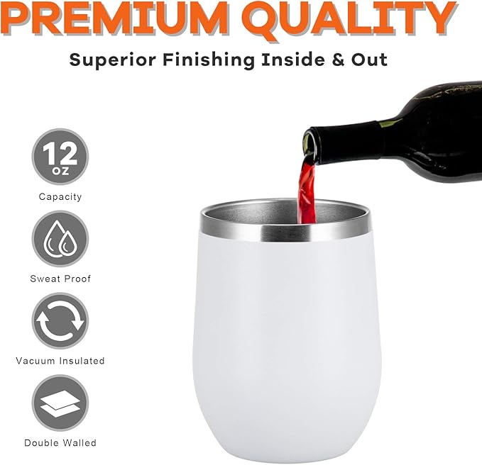 COMOOO 12oz Stainless Steel Wine Tumbler Lid and Straw, Double Wall Vacuum Insulated Wine Tumbler Cup, Stemless Wine Tumbler, Coffee, Wine, Cocktails, Ice Cream Cup White,12 Pack