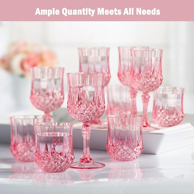 Plastic Wine Glasses, Plastic Goblets Vintage Style Cordial Unbreakable Drinking Glasses,Reusable Drinkware for Wedding Reception, Grand Event Party Supplies, Mother's Day(12, Pink)