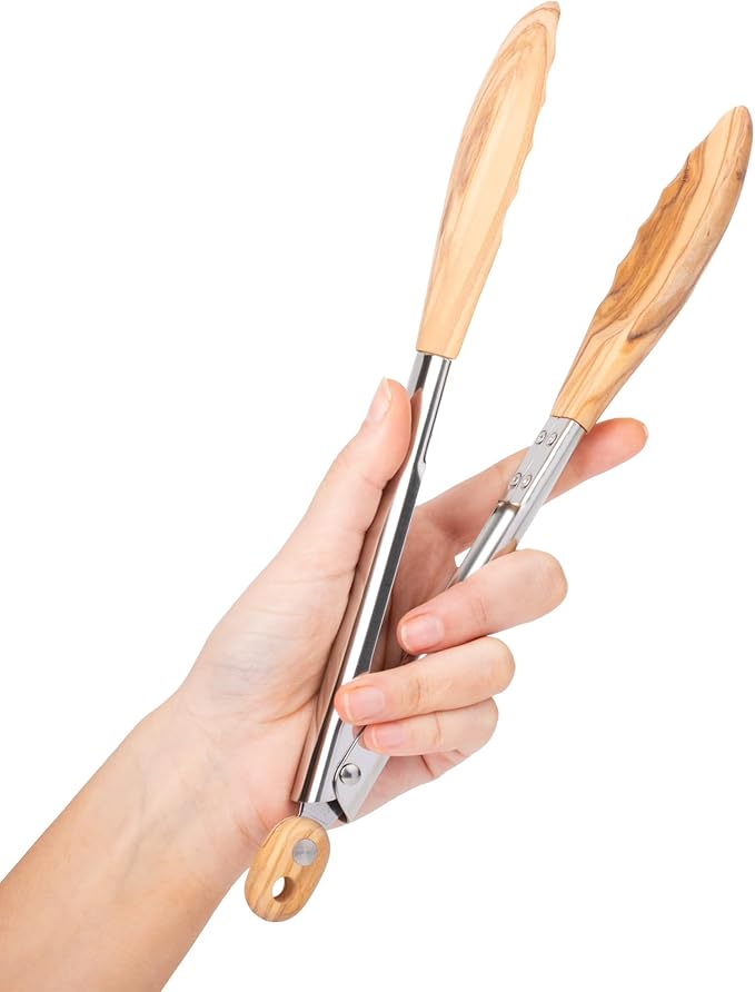 Salt & York Wooden Tongs Kitchen Long handle with non-Slip Grip for Cooking, Salad, Serving Food, Grilling - 11 Inch - Set of 1 (Olive)
