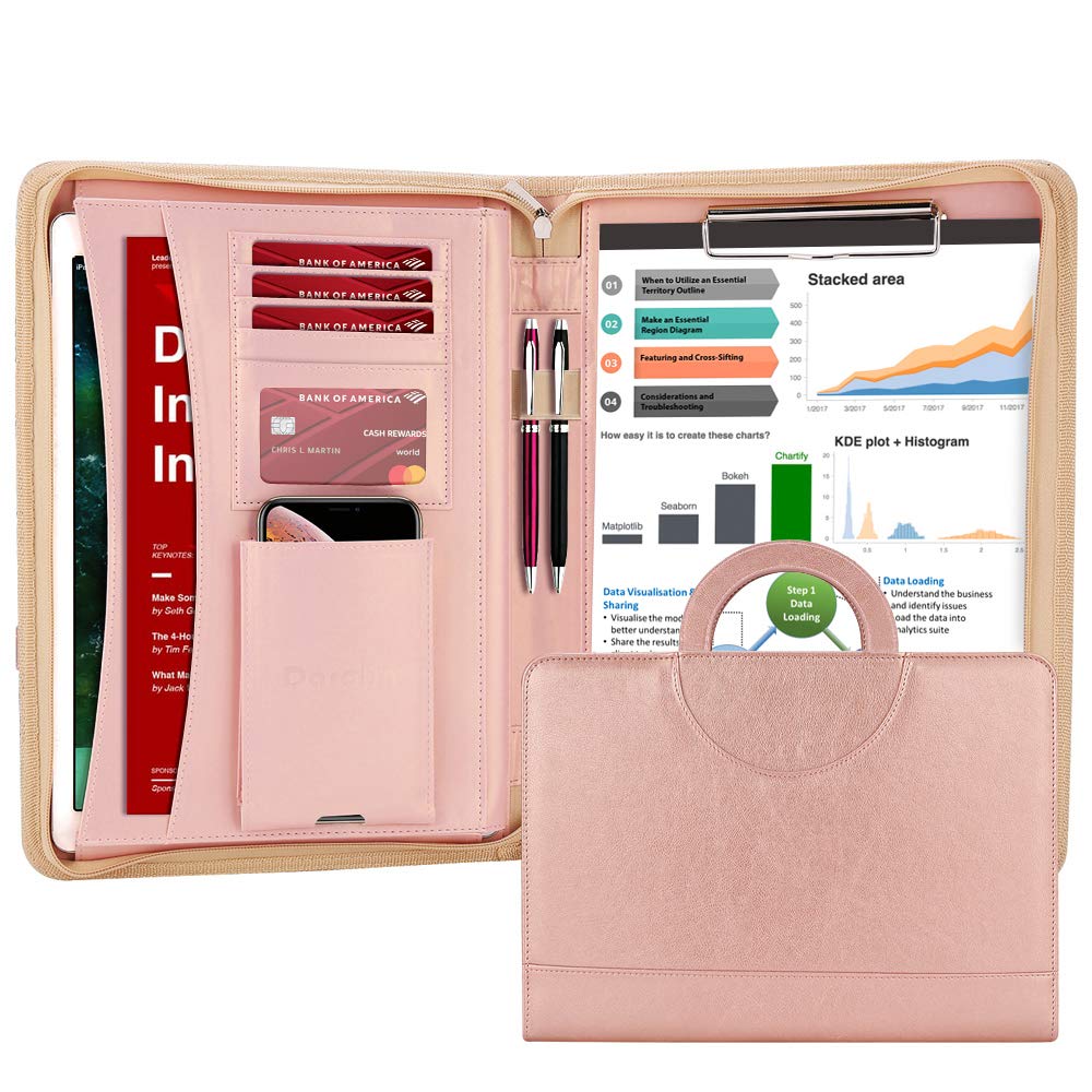 Darolin Zippered Leather Padfolio Portfolio with Hidden Handle and Clipboard, Business Conference Organizer Notepad Folder, Portfolio Bag, Padfolio for Women/Men (Rosegold)
