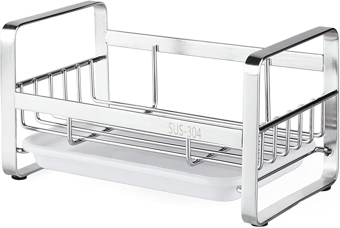 HULISEN Kitchen Sink Sponge Holder, 304 Stainless Steel Kitchen Soap Dispenser Caddy Organizer, Countertop Soap Dish Rack Drainer with Removable Drain Tray, not Including Dispenser and Brush