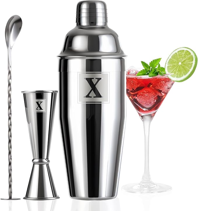 24oz Cocktail Shaker Set with 1 oz 2oz Jigger - Monogramm Initials Martini Shaker Set - 304 Stainless Steel Bar Shaker for Margarita,Mojito-Personalized Gift for Friend,Husband-X