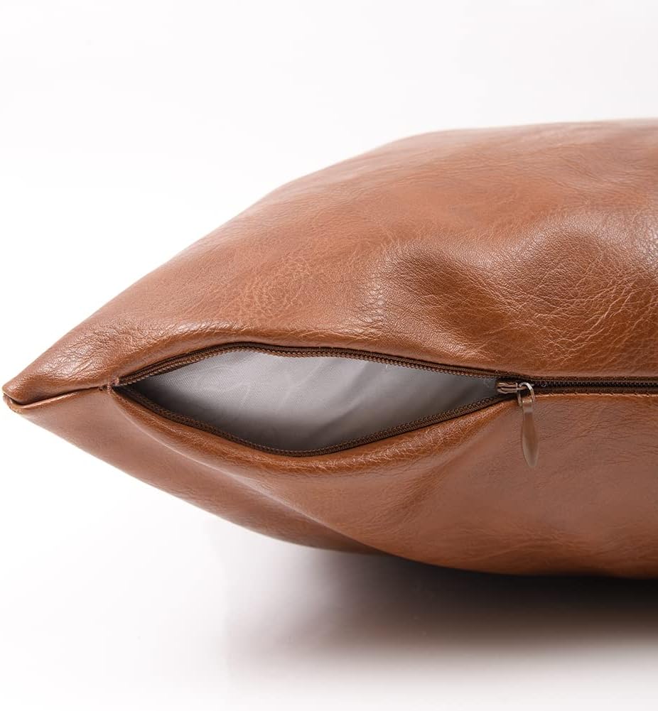Fancy Homi Brown Boho Long Lumbar Faux Leather Decorative Throw Pillow Covers 12x24 Inch for Living Room Couch Bed Sofa, Hand Stitched Rectangle Cushion Case, Rustic Modern Farmhouse Home Decor