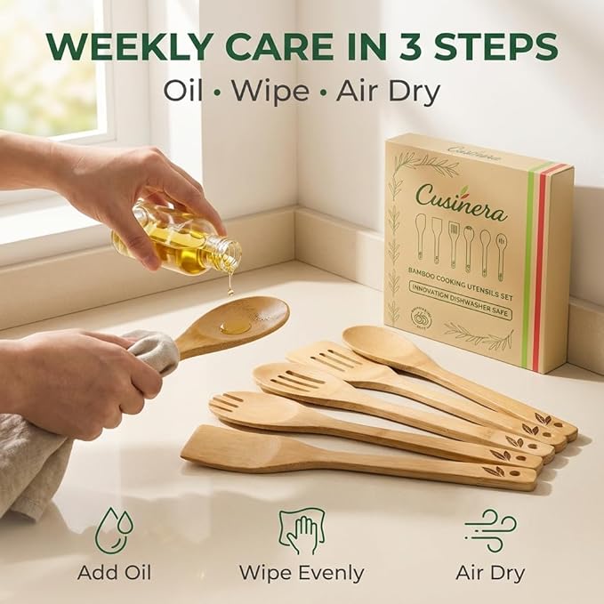 Dishwasher Safe Bamboo Wooden Spoons for Cooking 6-Piece – Kitchen Gadgets Wooden Cooking Utensils Set – Premium Kitchen Utensils Set – Easy to Clean, Perfect for Non-Stick Cookware