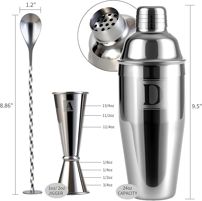 24oz Cocktail Shaker Set with 1 oz 2oz Jigger - Monogramm Initials Martini Shaker Set - 304 Stainless Steel Bar Shaker for Margarita,Mojito-Personalized Gift for Friend,Husband-O