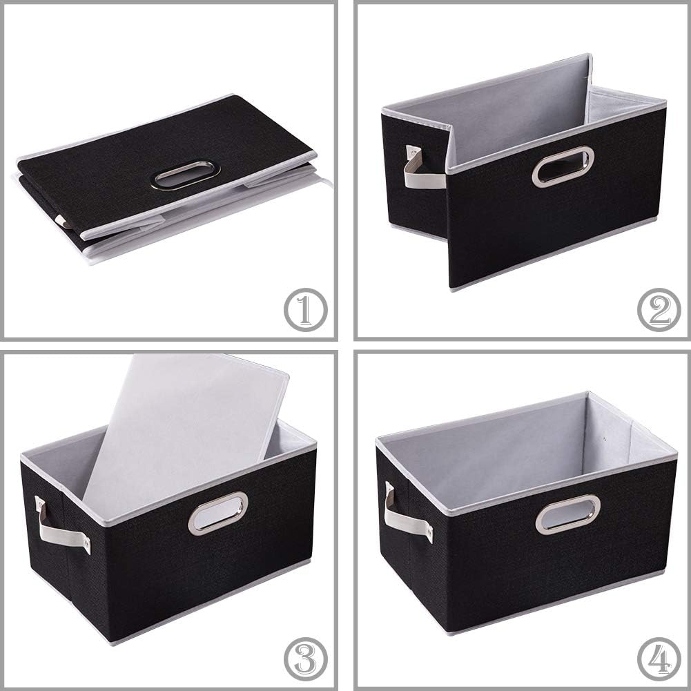 PRANDOM Larger Collapsible Storage Bins for Closet [3-Pack] Decorative Linen Fabric Storage Baskets Cubes with Leather/Metal Handles for Living Room Black (17.3x12.2x10.4 Inch)
