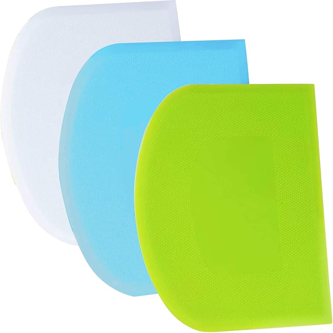 SURDOCA Dough Scraper Bench Scraper - 3P 9.5x6.1" Plastic Flexible Bowl Scraper, Sharp Edge & Angles Cake Scraper. Non-Slip Bakeware Decorating Tools Sculpting & Modeling Tools - Green+Blue+White