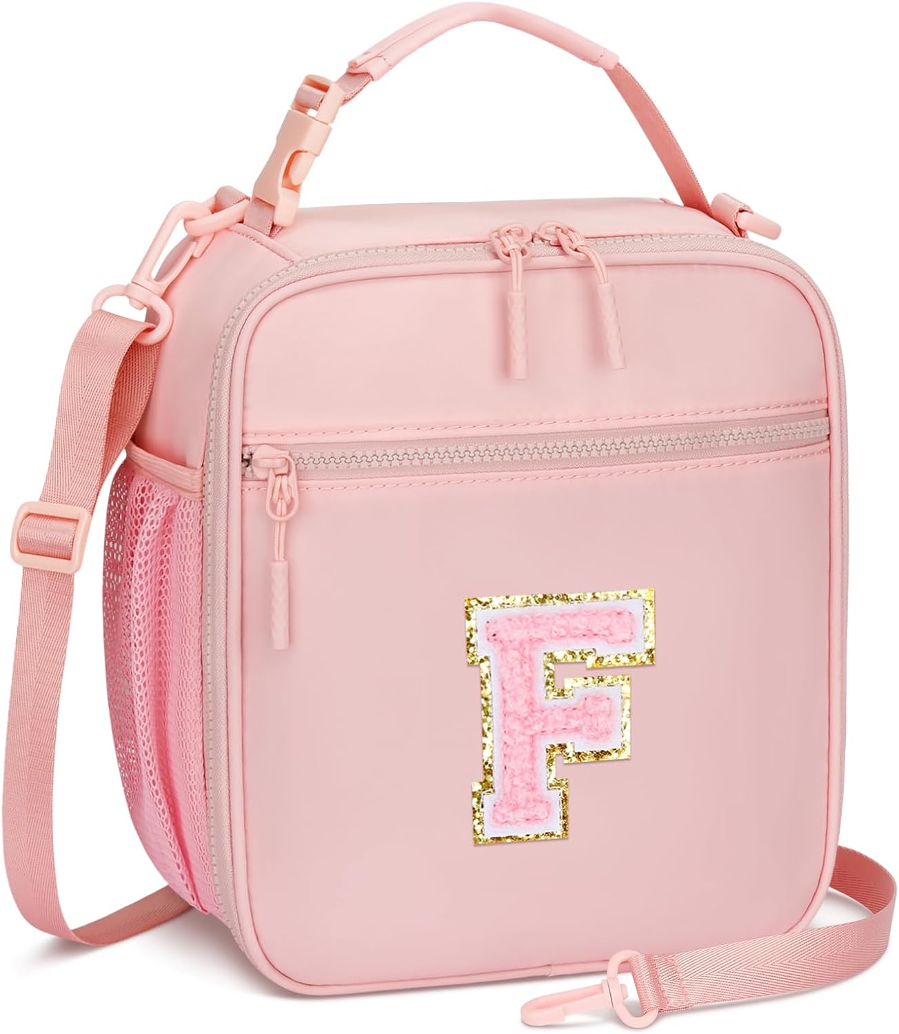 Initial Insulated Lunch Bag for Girls Kids, Back to School Gift, Reusable Leak-proof Lunch Box with Adjustable Strap for School Daycare Travel Picnic (Pink,F)