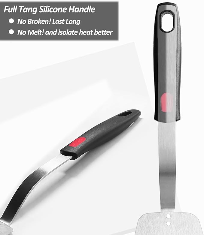 Stainless Steel Flexible Spatula Turner, Thin Slotted Metal Spatula for Cast Iron Skillet, Thin Blade and Heat Resistant Silicone Handle, Great for Egg, Cookie, Meat, Crep, Large