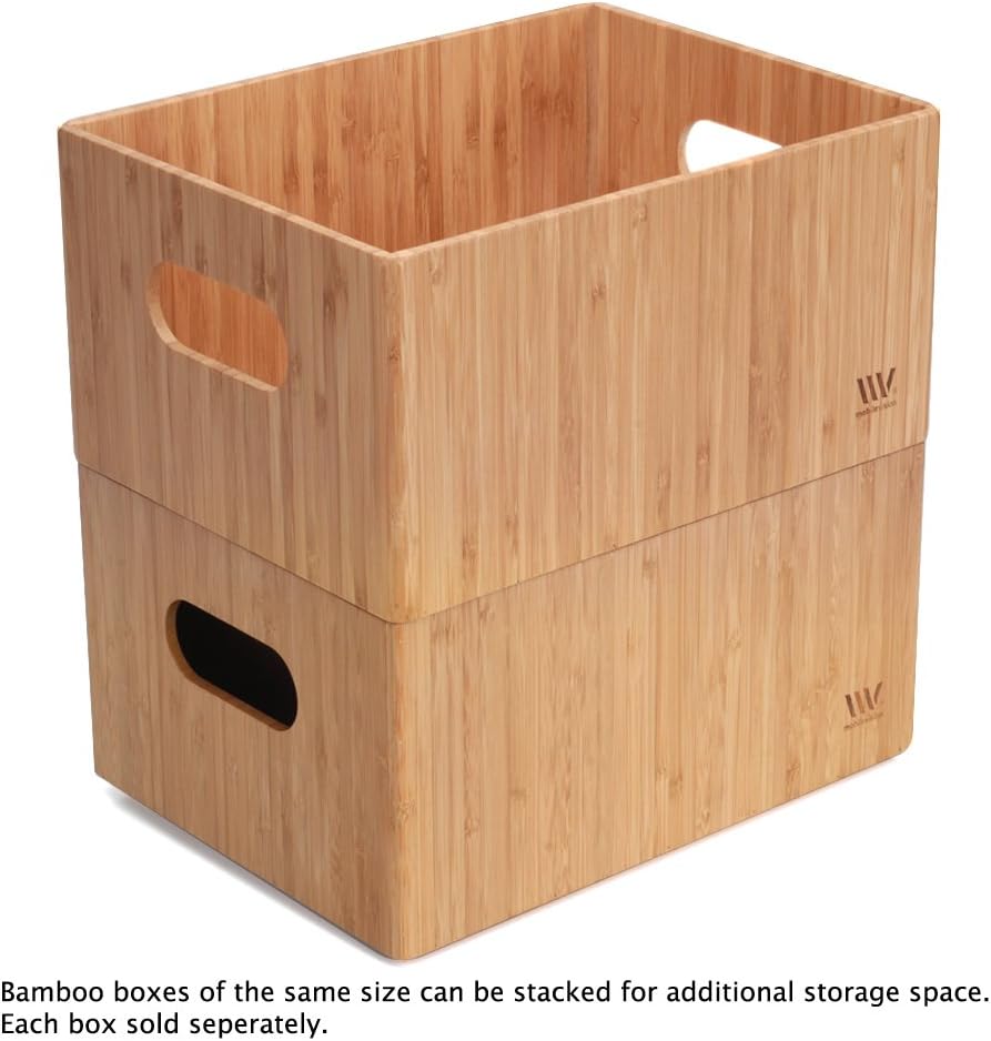 MobileVision Bamboo Storage Box Multi-Purpose Organizer for Kitchen Supplies Holder, Fruit Bin, Cabinets, Pantry with built in handles, stackable, 12” x 9” x 6” With White Clip Included