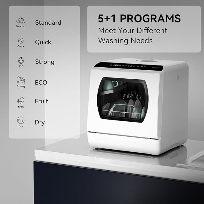 Hermitlux Portable Countertop Dishwashes, 5 Washing Programs Mini Dishwasher with 5-Liter Built-in Water Tank for Apartments & RVs, Tabletop Dishwasher with LED Light & Glass Door, No Hookup Needed