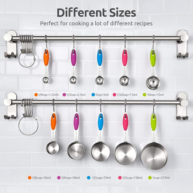 U-Taste 10 Piece Measuring Cups and Spoons Set in 18/8 Stainless Steel (color), and 600ºF Heat Resistant 13 inch Large Non-Stick Silicone Soup Ladle (Black)
