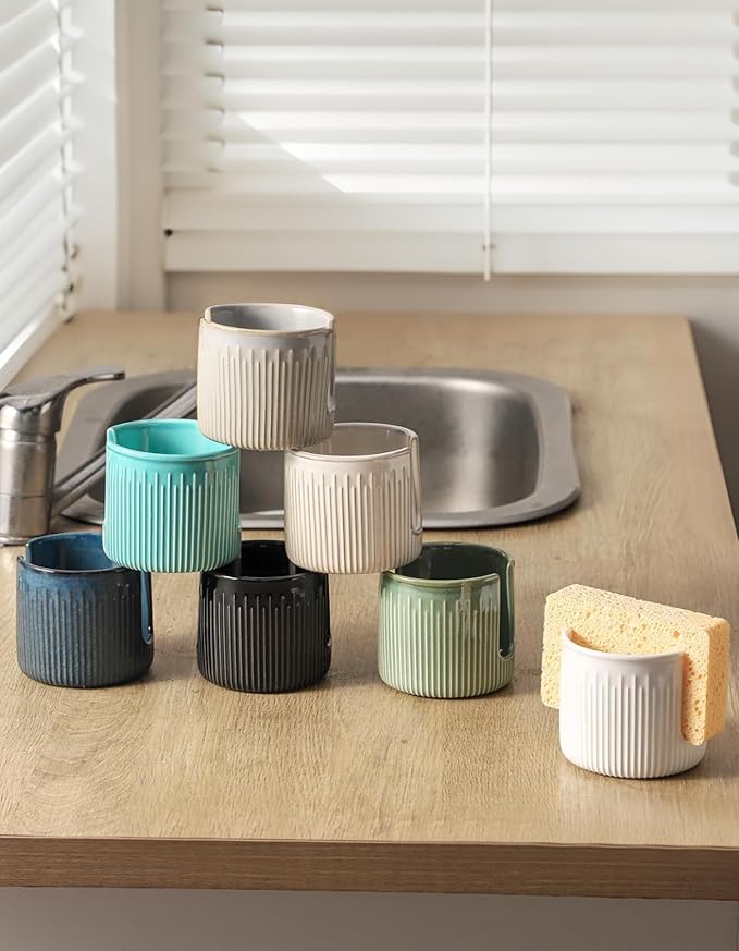 Ceramic Sponge Holder for Kitchen Sink, Scrub Sponge Dish Rack, Farmhouse Compact Sink Caddy Organizer, Classic White