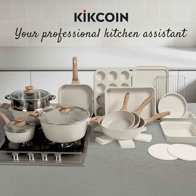 Kikcoin Pots and Pans Set Non Stick 31 Piece Kitchen Nonstick Cooking Cookware Sets with Grill Pan Saucepan Baking Sheet Utensil, Cream White