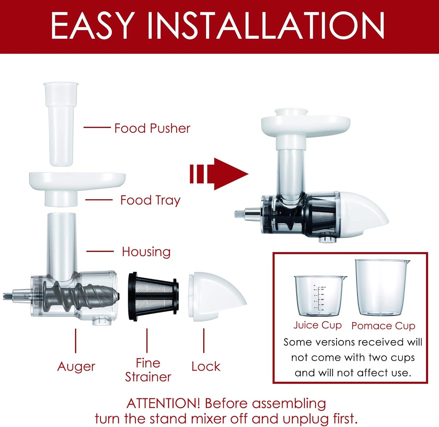 Masticating Juicer Attachment for KitchenAid Stand Mixers, Masticating Juicer, Slow Juicer Attachment for KitchenAid Stand Mixers, White(Machine/Mixer Not Included)