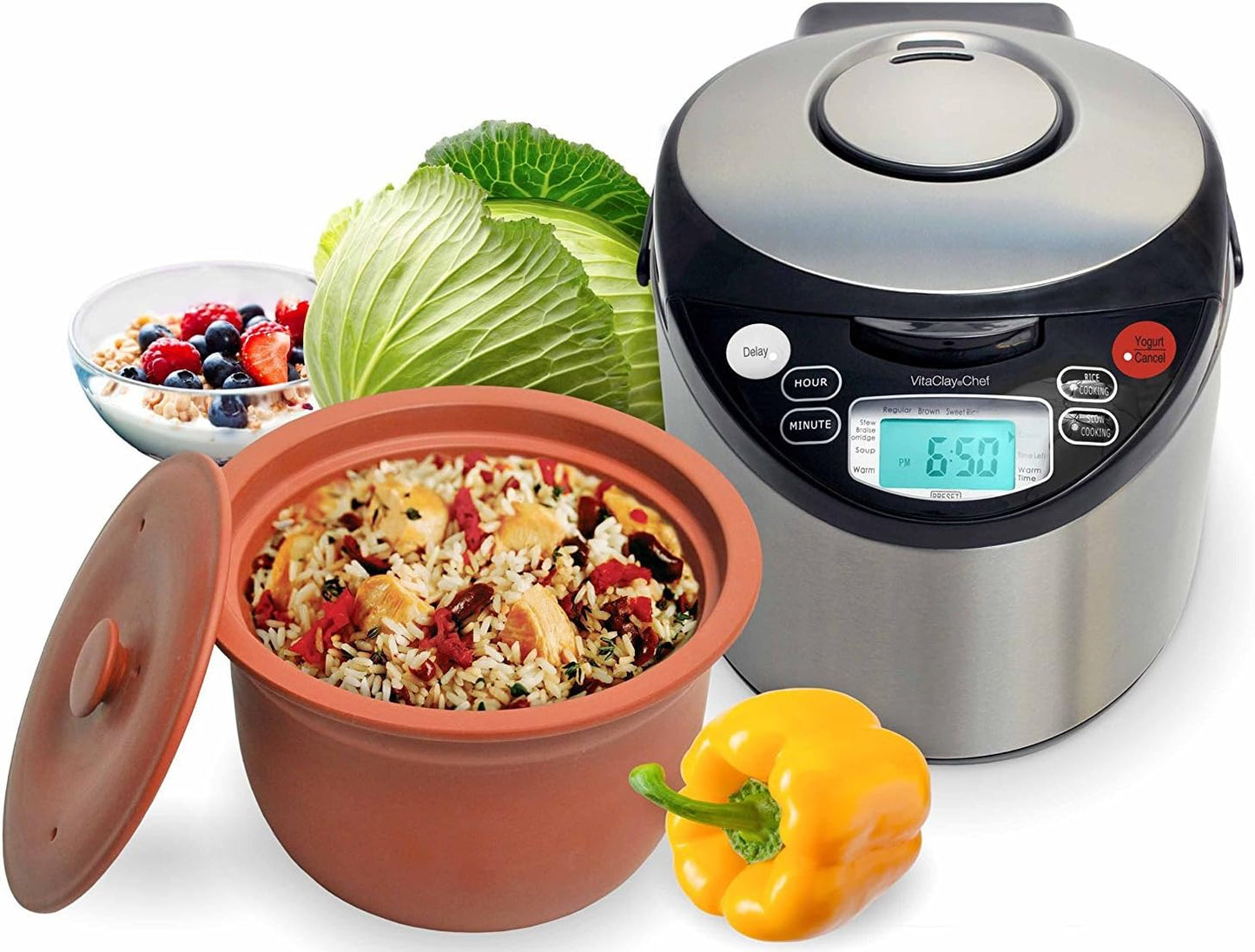 VitaClay Smart Organic Clay Pot Multi Cooker - Toxin Free Clay Rice Cooker, Delay Start Slow Cooker, Stew Cooker, Electric Soup Pot, Yogurt Maker, with Natural Earthen Clay Crock, 6 Cup / 3.2-Quart