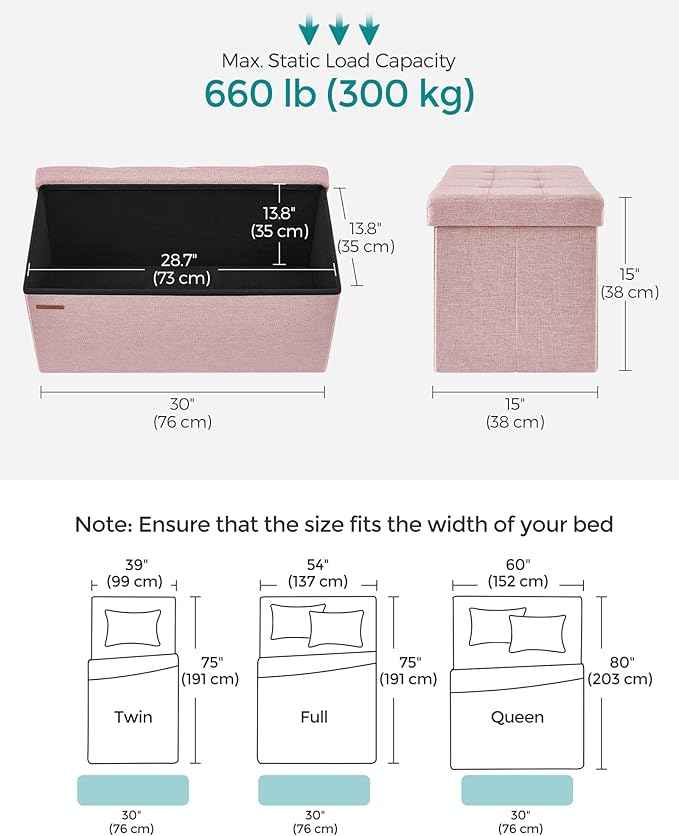 SONGMICS Mazie Collection - 30 Inches Folding Storage Ottoman Bench, Ottoman Foot Rest, End of Bed Bench, Storage Chest, Load 660 lb, for Living Room, Bedroom, Entryway, Jelly Pink ULSF047R11