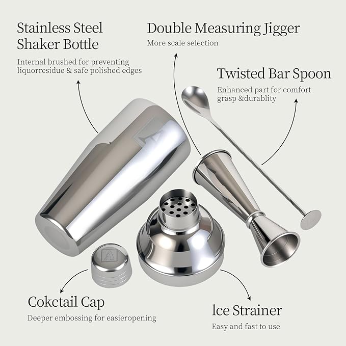 24oz Cocktail Shaker Set with 1 oz 2oz Jigger - Monogramm Initials Martini Shaker Set - 304 Stainless Steel Bar Shaker for Margarita,Mojito-Personalized Gift for Friend,Husband-H