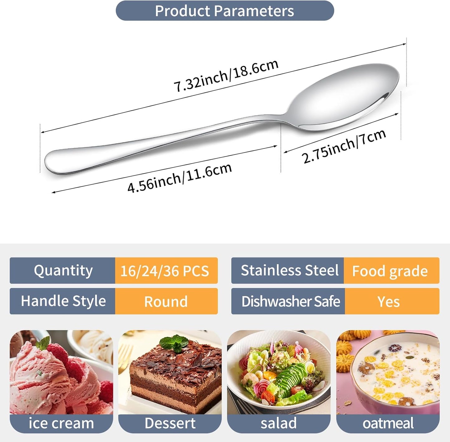 24 Pcs Dinner Spoons Set 7.32" Premium Food Grade Stainless Steel Spoons Mirror Finish & Dishwasher Safe,Use for Home,Restaurant