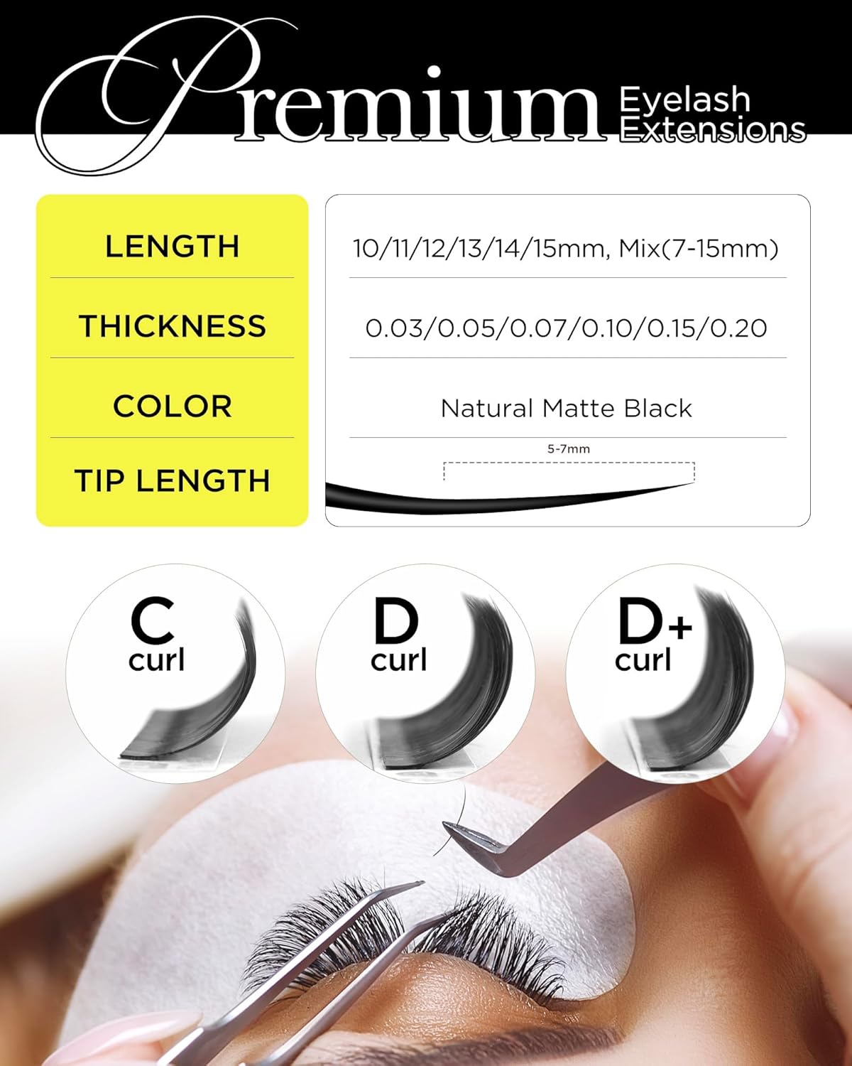 BEYELIAN Eyelash Extension 0.07 D Curl 7-15mm Mixed Tray Easy Fan Lash Extensions Volume Lashes 100°/212°F High Temperature Resistant Classic Professional Use Natural Matte Black (0.07 D 7-15mm Mix)