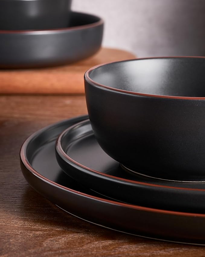 Famiware Mercury Plates and Bowls Sets, 12 Pieces Stoneware Dinnerware Sets, Dishes Set for 4, Microwave and Dishwasher Safe, Black