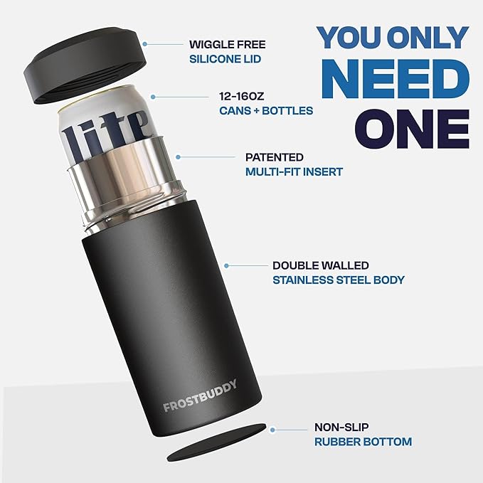Frost Buddy Universal Buddy Can Cooler - Fits All - For Regular 12 & 16 oz or Slim-Size Bottles - Insulated Double -Walled Stainless Steel (All white)