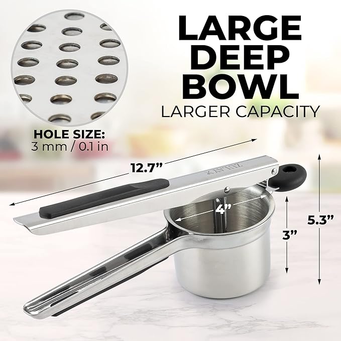 Zulay Kitchen Large 15oz Potato Ricer, Heavy Duty Stainless Steel Potato Masher and Ricer for Mashed Potatoes, Mashed Potato Masher & Potato Press Kitchen Gadget for Perfect Mashed Potatoes