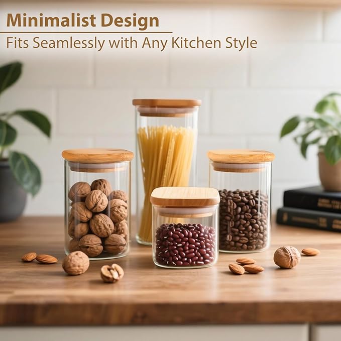 TBWIND 6 Pack Square Glass Storage Containers with Bamboo Lids (24oz/37oz/51oz) – Clear Food Airtight Canisters Sets for The Kitchen, Glass Jars for Coffee Beans, Coffee, Flour, Snacks, Spices
