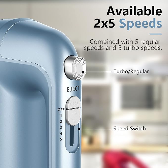Hand Mixer Electric, 450W Kitchen Mixers with Scale Cup Storage Case, Turbo Boost/Self-Control Speed + 5 Speed + Eject Button + 5 Stainless Steel Accessories, For Easy Whipping Dough, Cream, Blue
