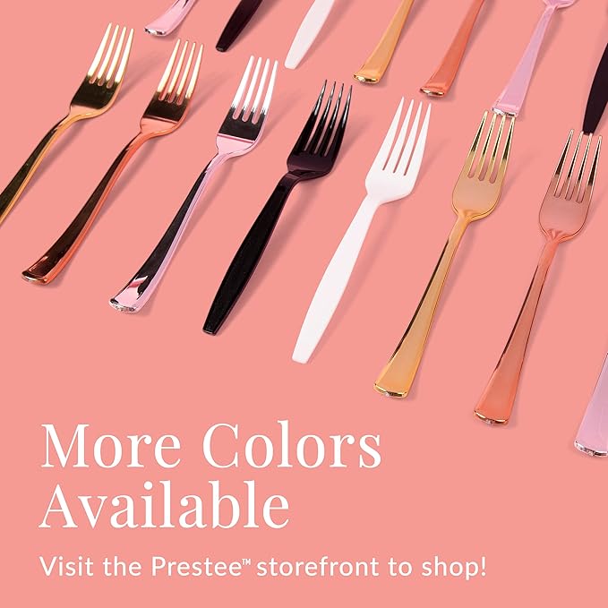 Prestee 100 White Plastic Forks Heavy-Duty, Heavyweight Plastic Silverware Forks, Fancy Plastic Cutlery, Elegant Disposable Forks Pack, Bulk Disposable Flatware, Christmas Holiday Plastic Utensils Set