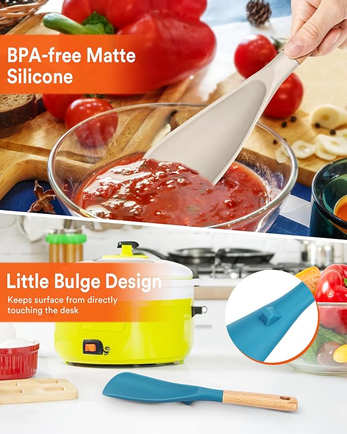 Cooking Spoon for Nonstick Cookwares, Great for Cooking and Serving Sturdy BPA-Free Matte Silicone, Wood Handle Spoon for Mixing, Scoop, and Scrape (Khaki & Turquoise, 11.4 inch)