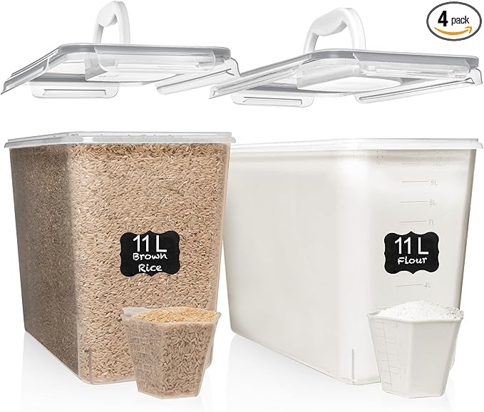 Shazo 2 PC (11L | 372 oz) Flour Sugar Storage Containers with Easy Carry Handle - Plastic Extra Large Food Storage Containers with Lids for Rice Cereal, BPA Free & Airtight Kitchen Pantry Organization
