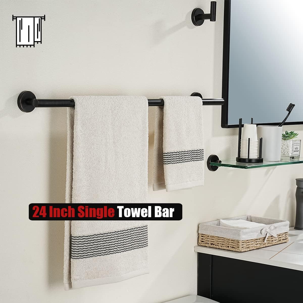 JQK Oil Rubbed Bronze Towel Bar, 24 Inch 304 Stainless Steel Thicken 0.8mm Towel Rack Bathroom, Towel Holder Wall Mount, Total Length 27 Inch, TB110L24-ORB