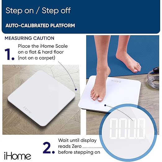 iHome Digital Scale, Bathroom Scale, Batteries Included, Scale Body Weight, Weight Scale, Digital Scale, Bathroom Scales for Weight, Digital Scales for Body Weight, Weight Scales Bathroom (White)