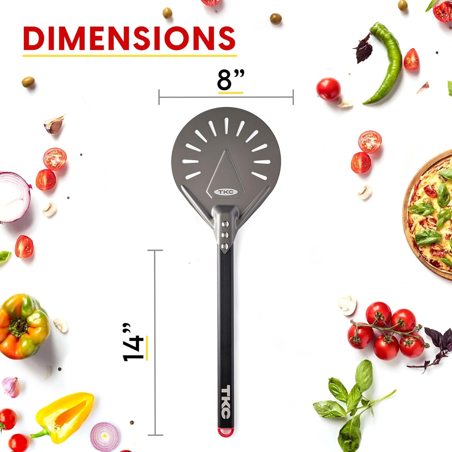 TKC 12", 8" Perforated Pizza Peels - Professional Aluminum Pizza Turning peel - Long Handle Metal Pizza Spatula for Indoor and Outdoor - Lightweight Non-Stick Pizza Turner - Pizza Oven Accessories