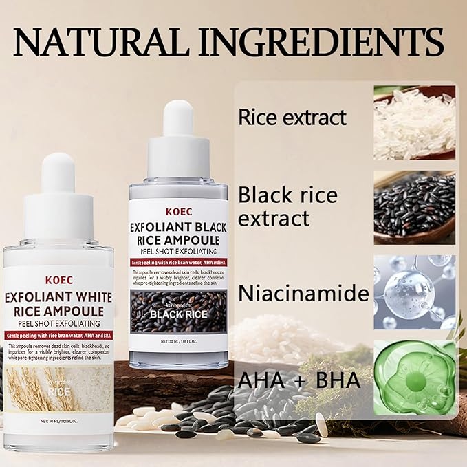 ANGEL SILK Peel Shot Glow Rice Ampoule Duo | White Rice + Black Rice Exfoliator with Niacinamide, AHA BHA | Face Scrub Exfoliating Gentle Pore Minimizer | Dead Skin Remover for All Skin Types