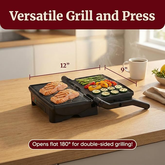 Elite Gourmet EPN-2976 2-in-1 Nonstick Panini Press & Indoor Grill, Opens 180-Degree Gourmet Sandwich Maker, Floating Hinge Fits All Foods, Contact Grill with Removable Grease Tray, Stainless Steel