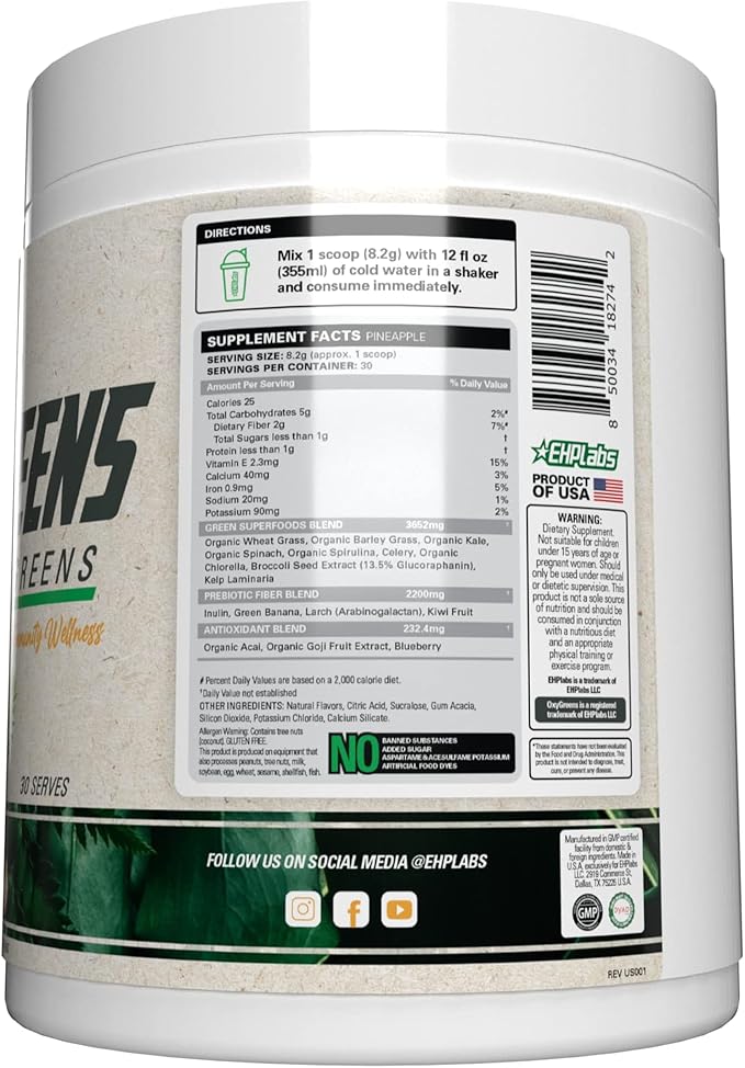 EHP Labs OxyGreens Super Greens Powder - Spirulina & Chlorella Superfood, Green Juice Powder & Greens Supplements with Prebiotic Fibre, Antioxidants & Immunity Support, 30 Serves (Pineapple)