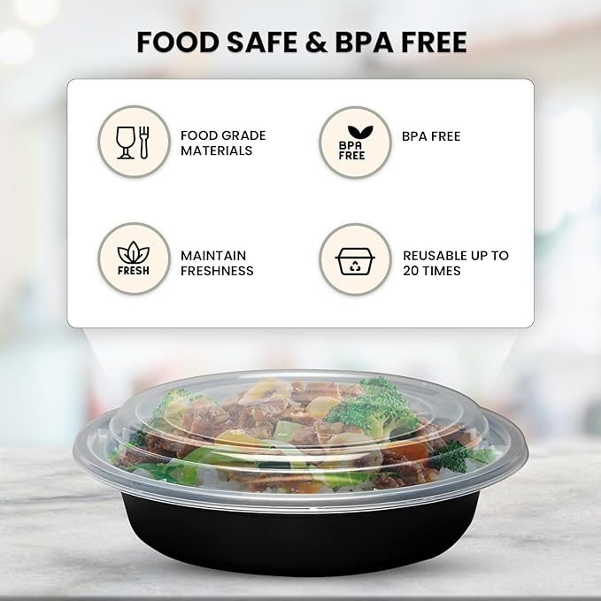 Klex 16 Oz, 150 Sets Meal Prep Containers with Airtight Lids, BPA Free, Reusable Plastic Food Container, 16 oz, Round, Black/Clear, 150 Sets