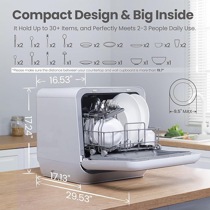 COMFEE' Portable Dishwasher Countertop with 5L Built-in Water Tank, No Hookup Needed, 6 Programs, 360° Dual Spray, 192℉ High-Temp& Air-Dry Function, Mini Dishwasher for RVs, White