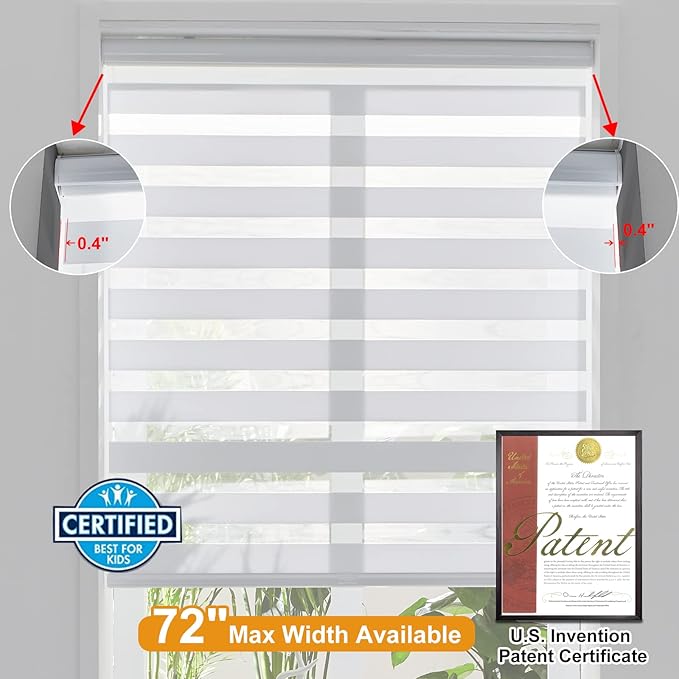Persilux Cordless Zebra Blinds for Windows Shades (19" W x 47" H, White) Dual Layer Fabric Light Control for Day and Night Room Darkening Sheer Roller Shades for Home, Bedroom and Office
