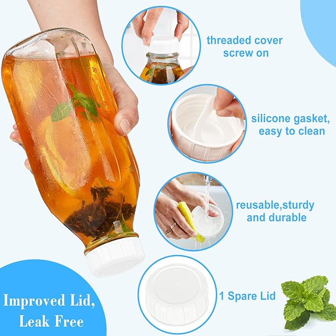 Syntic Square Liter Glass Milk Bottles with Airtight Lid - 100% Leak-Proof Heavy Duty Screw Cap, 32 Oz Glass Juice Bottles w Scale Mark, Reusable Jugs Pitcher for Homemade Juice(Extra 1 Lid and Pen)