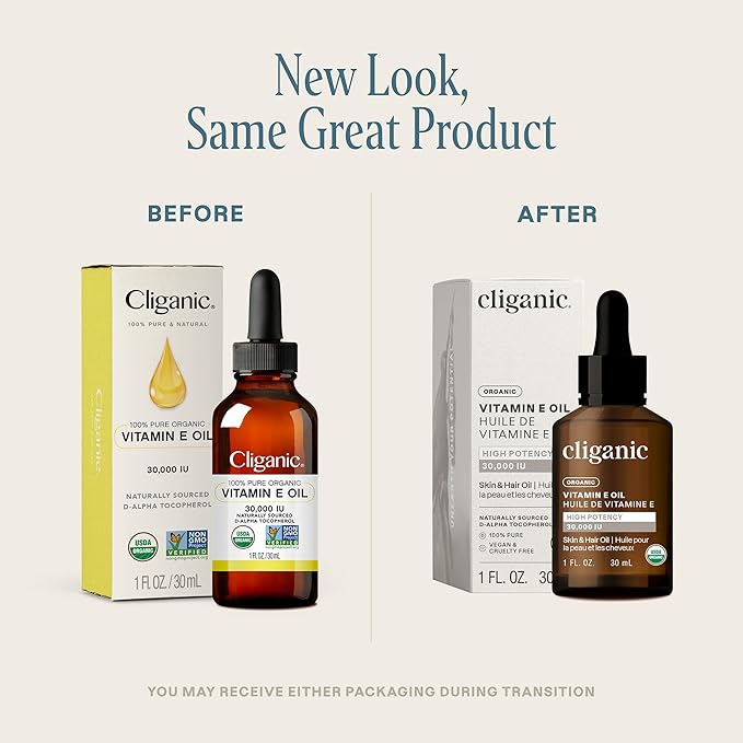 Cliganic Organic Pure Vitamin E Oil for Skin, Hair & Face - 27,000 IU, Non-GMO Verified | Natural D-Alpha Tocopherol (Packaging May Vary)