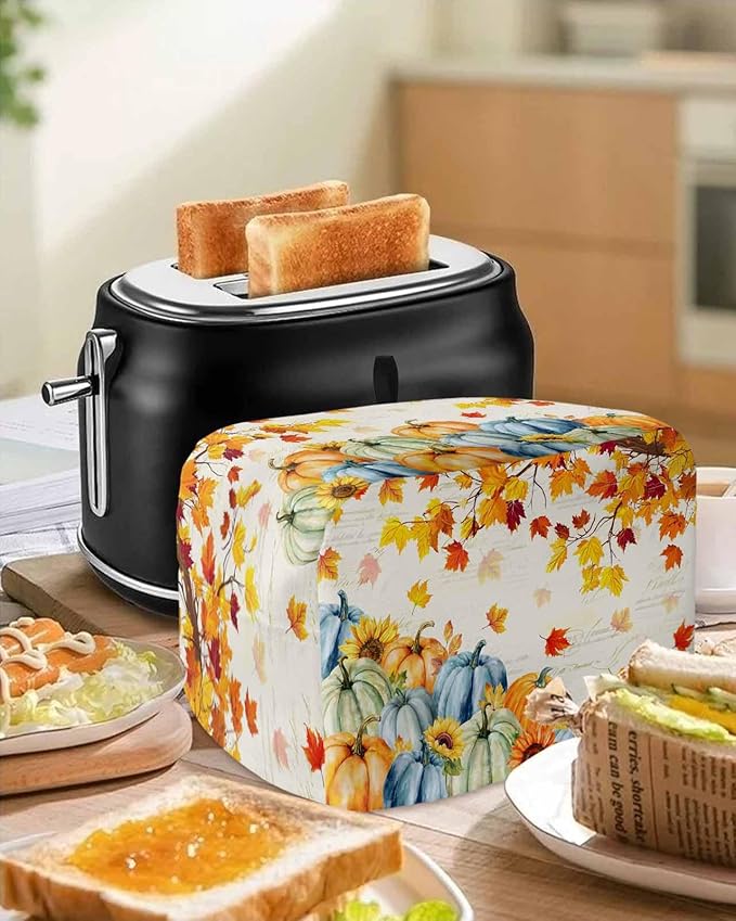Thanksgiving Fall Toaster Cover 4 Slice, Blue Green Orange Pumpkins Dustproof Bakeware Oven Protector with Top Hook, Maple Leaf Waterproof Small Kitchen Appliance Toasters Dust Cover, 12"x11"x8"