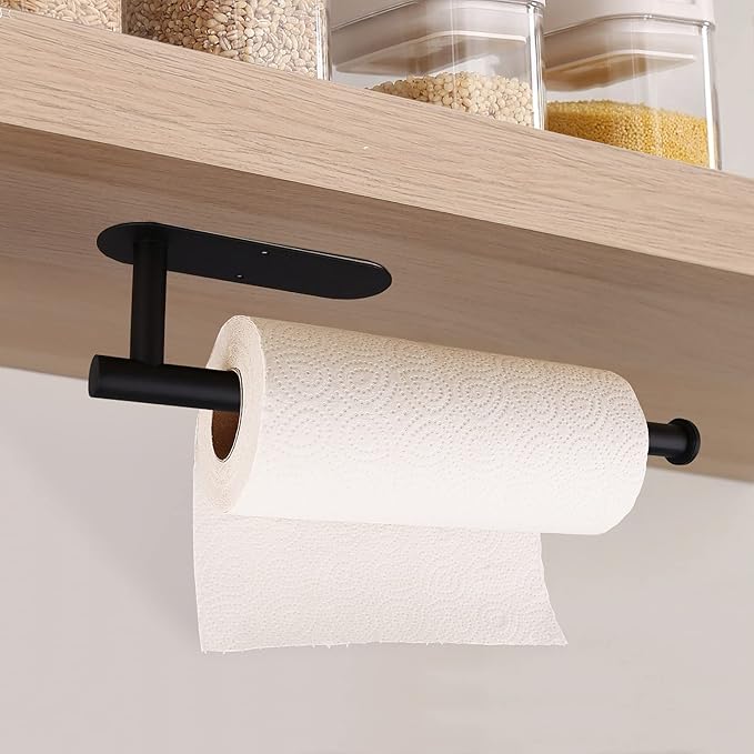 Paper Towel Holders-Blcak,Paper Towels Rolls - for Kitchen,Paper Towels Bulk- Self-Adhesive Under Cabinet,Both Available in Adhesive and Screws,Stainless Steel(Black 2PC)