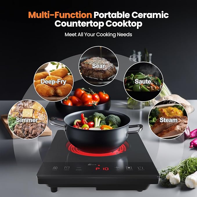 Electric Hot Plate,Nuopuplai Single Countertop Burner Portable Ceramic Cooktop For Cooking Ultra-thin Electric Stove Infrared Cooker,24-Hour Timer Child Safety Lock,Compatible With All Cookware 1800W