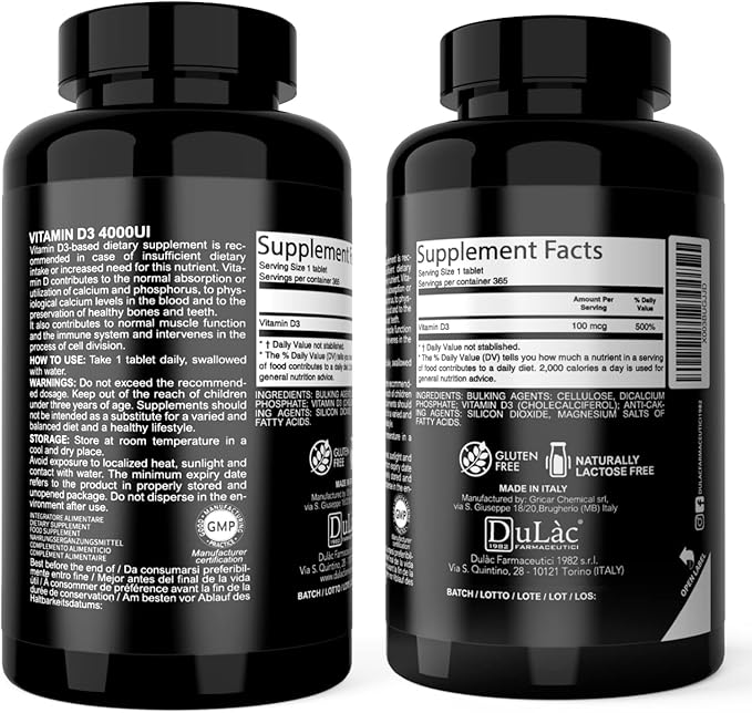 Dulàc - Vitamin D3 4000 IU Supplement, Promotes Calcium & Phosphorus Absorption, Supports Bones, Teeth, Muscles & Immune System, 365 Tablets, Made in Italy