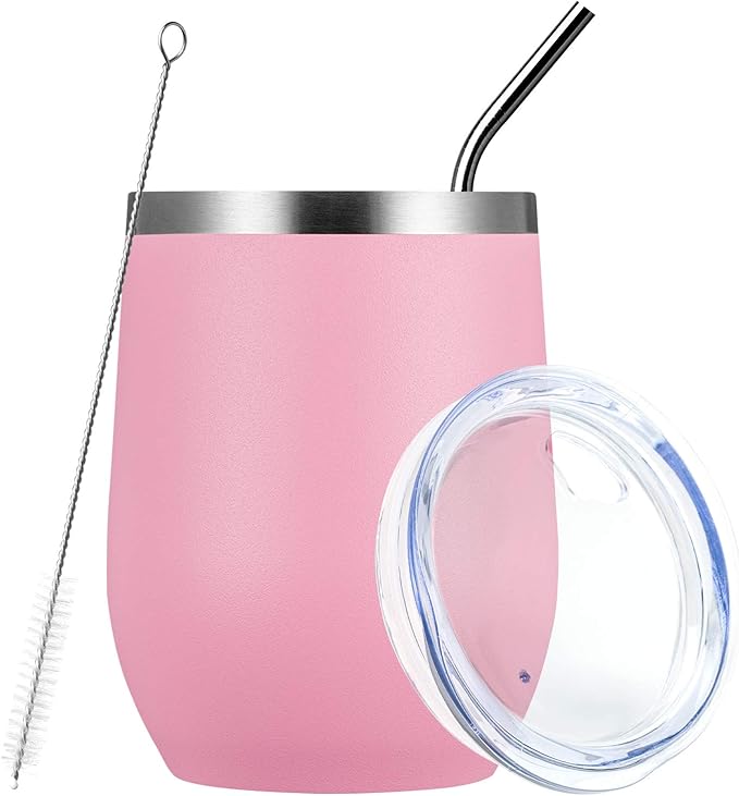 MEWAY Stemless 12oz Wine Tumbler Glasses with Lid -Insulated Double Wall Vacuum Stainless Steel Travel Tumbler with Straw,for Woman Under 10 dollars (Pink,1)