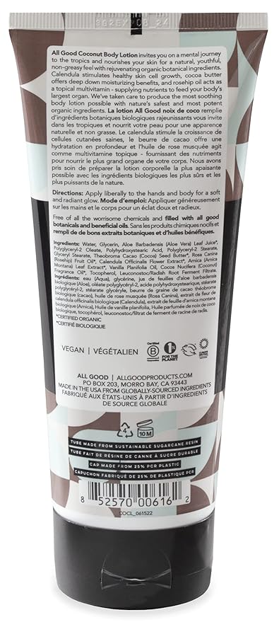 All Good Hand & Body Lotion - Moisturizing Organic Lotion for Dry Skin - Essential Oils, Cocoa Butter, Rosehip Oil, Arnica, Vitamin E - 6 fl oz (3-pack, Coconut, Lavender, Jasmine Rose)