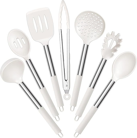 E-far Silicone Cooking Utensils Set, 7 Pcs Heat Resistant Kitchen Utensils with Stainless Steel Handle, Slotted Turner, Spoon, Soup Ladle, Pasta Server, Skimmer, Tongs for Nonstick Cookware, White